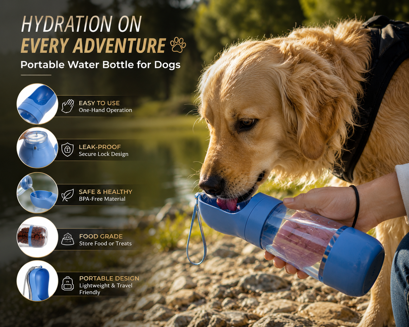 2-in-1 Portable Pet Water & Food Bottle – Leak-Proof Travel Dispenser for Dogs