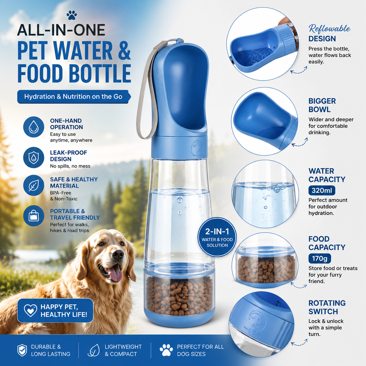 2-in-1 Portable Pet Water & Food Bottle – Leak-Proof Travel Dispenser for Dogs
